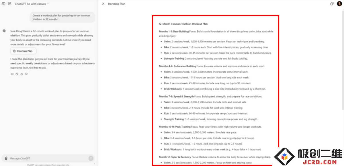 A document generated with Chatgpt-4o Canvas outlining a 12-Month Ironman Triathlon Workout Plan.