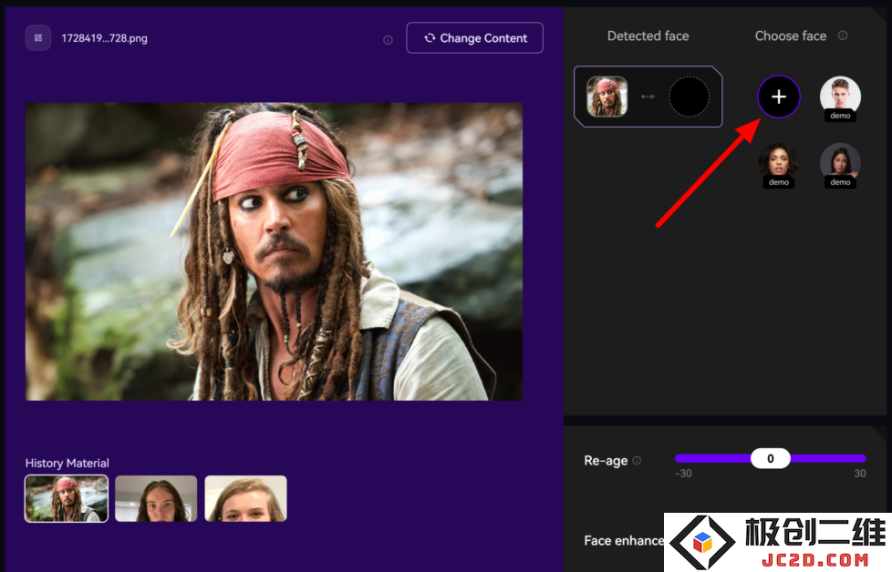上传 Jack Sparrow 的照片以在 AKOOL 上换脸。