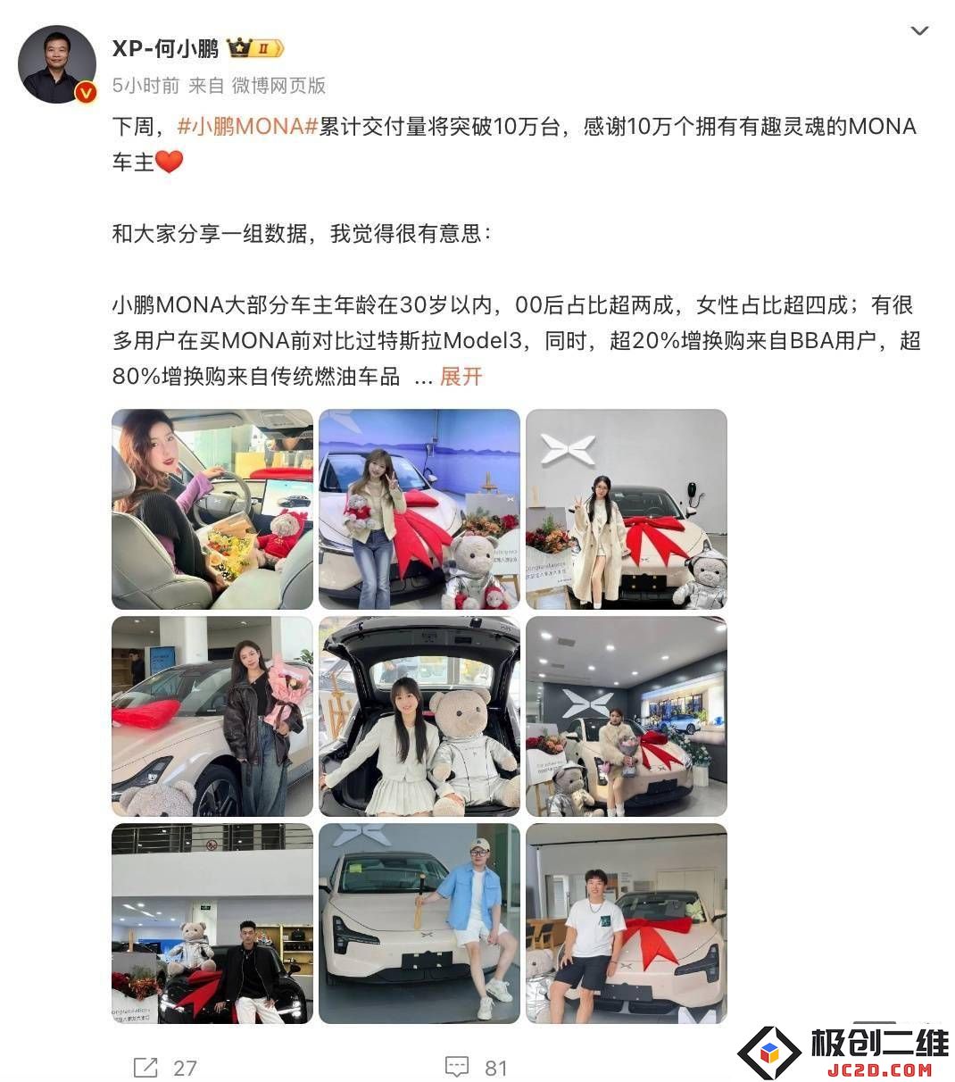 小鹏MONA M03交付突破10万大关，年轻用户占比超过七成，女性车主比例达到四成以上！